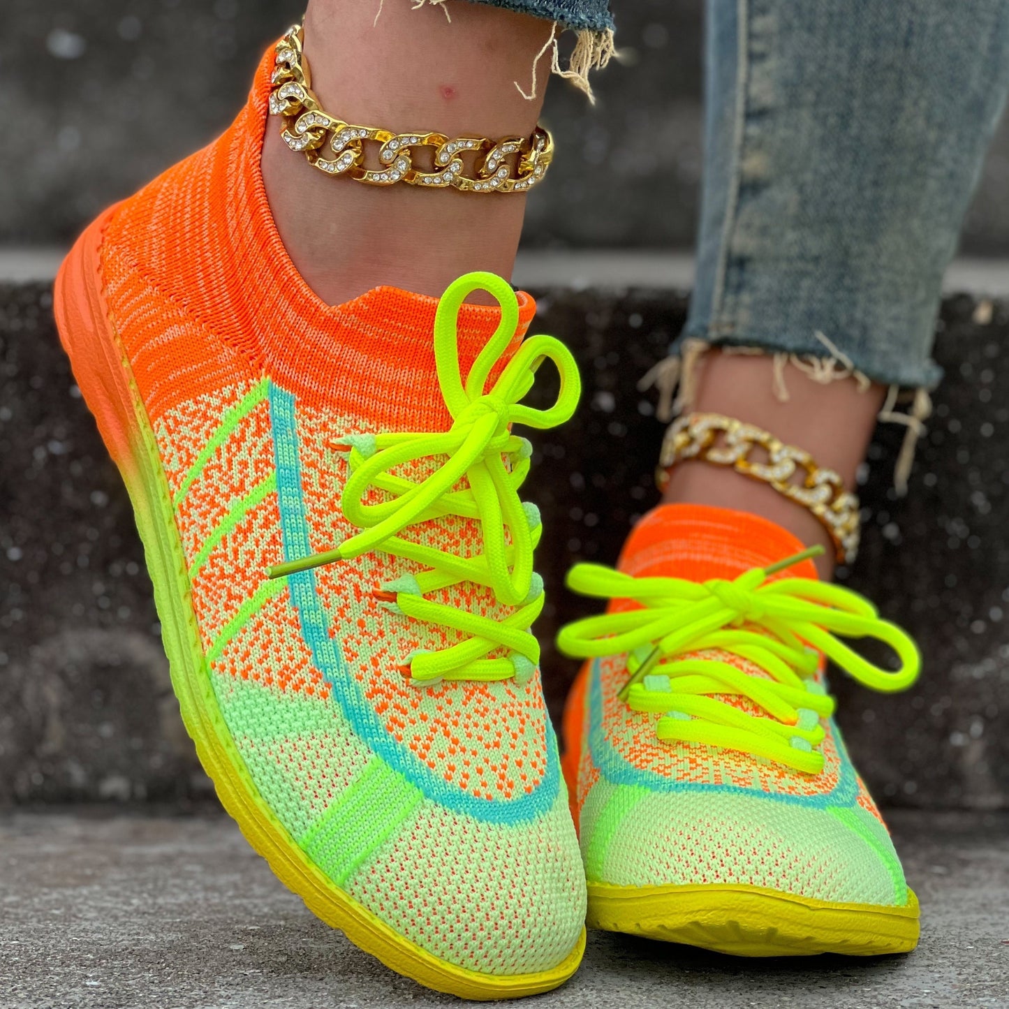 Women's Colorful Lace-up Sneakers, Comfortable Knitted Platform Soft Sole Walking Shoes, Breathable Running Shoes For Casual Sports Style - Topdecheztop.fr