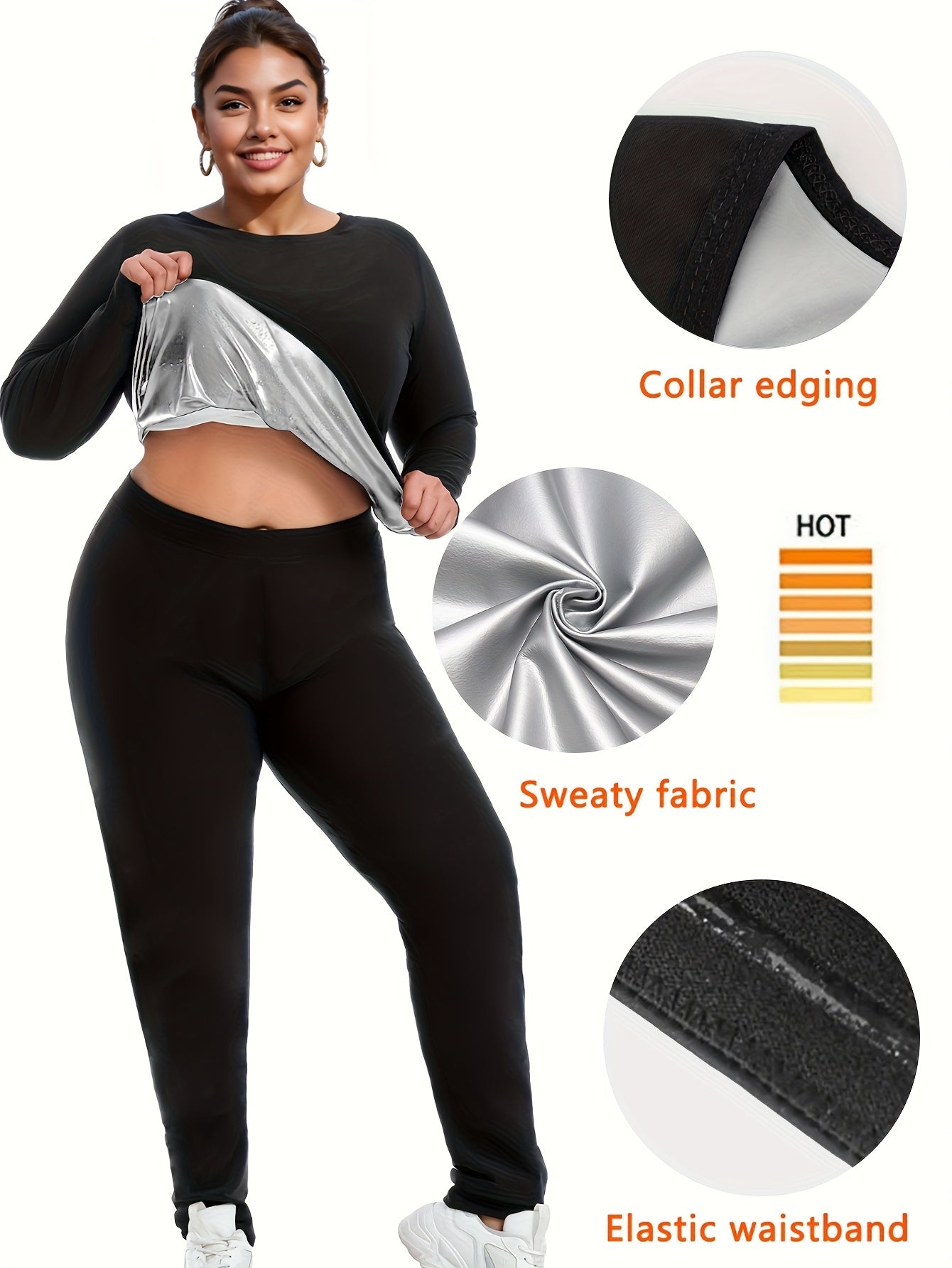 Set Of 2 Plus-size Women's Sportswear, Sauna Yoga Set, With Internal Sweat-absorbing Coating, Moisture-wicking, Yoga And Fitness Clothing, Plus-size Long-sleeved Top And Sauna Pants - Topdecheztop.fr