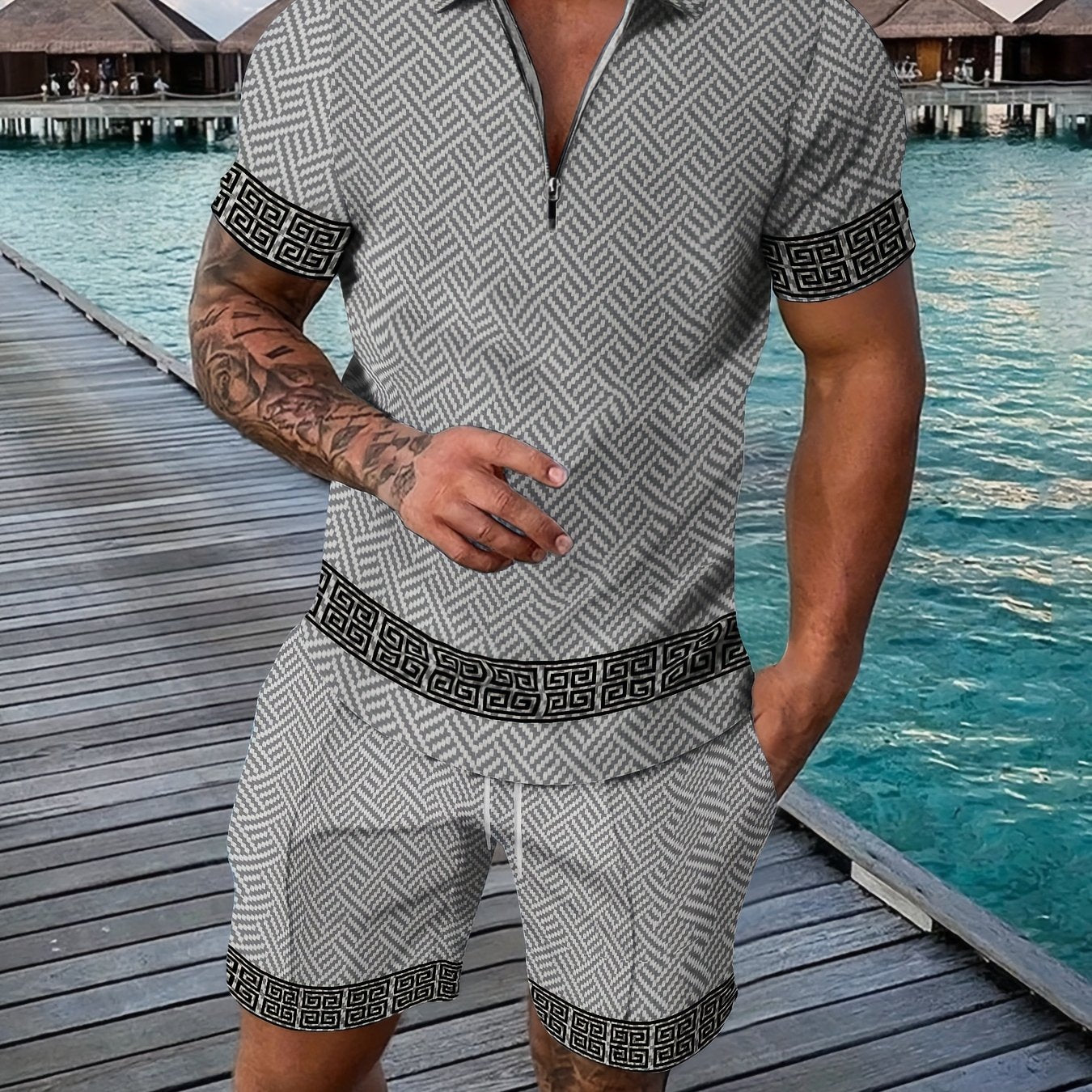 Ensemble polo et short zippé décontracté imprimé 3D - Topdecheztop.fr