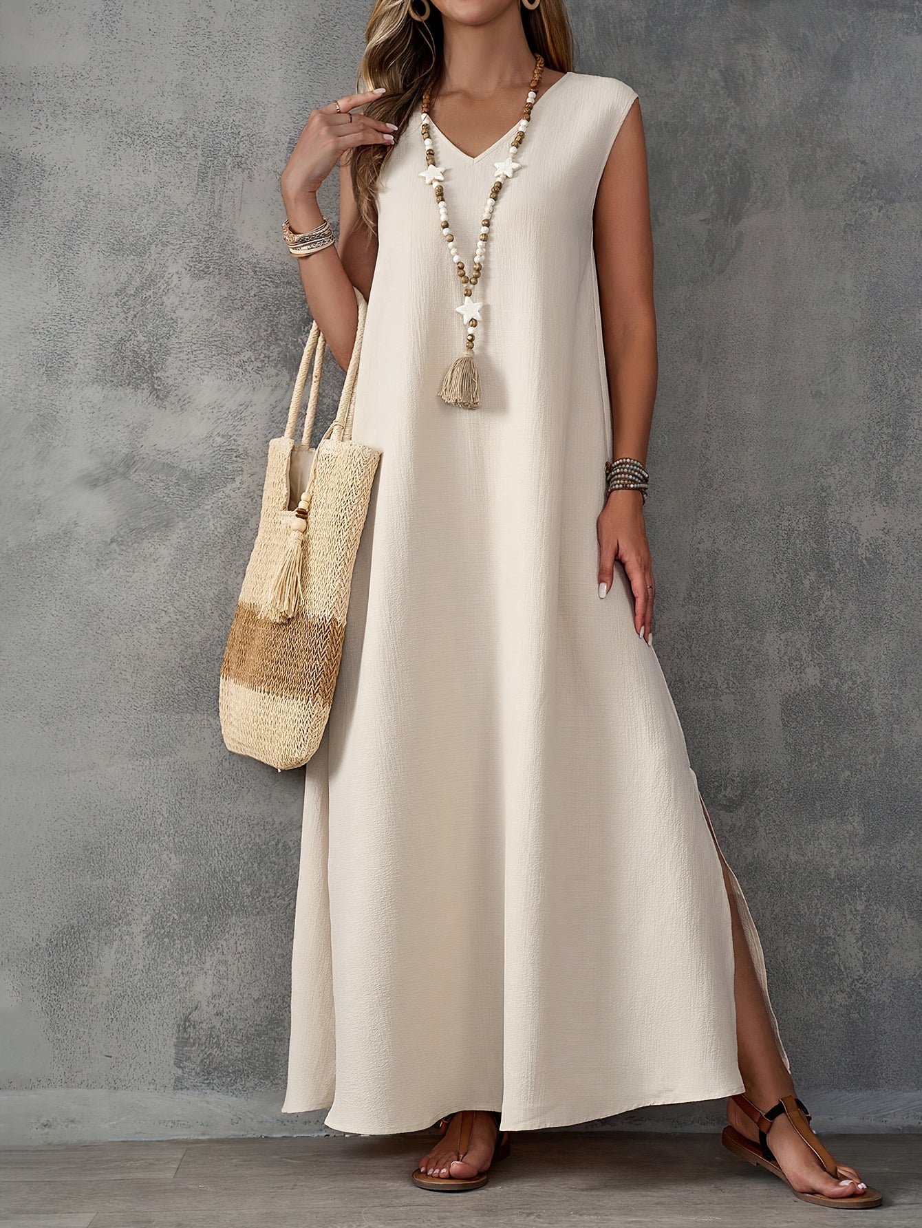 Robe fendue grande taille, couleur unie, décontractée, sans manches