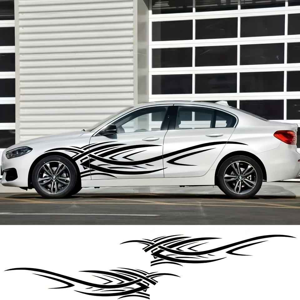 2pcs Sports Car Vinyl Stickers - Black & White Aggressive Design, Self-Adhesive Side Skirts for Cars, Trucks, and Motorcycles, Glossy Finish, Single Use, Sports Car Accessories | Aggressive Design | Glossy Vinyl