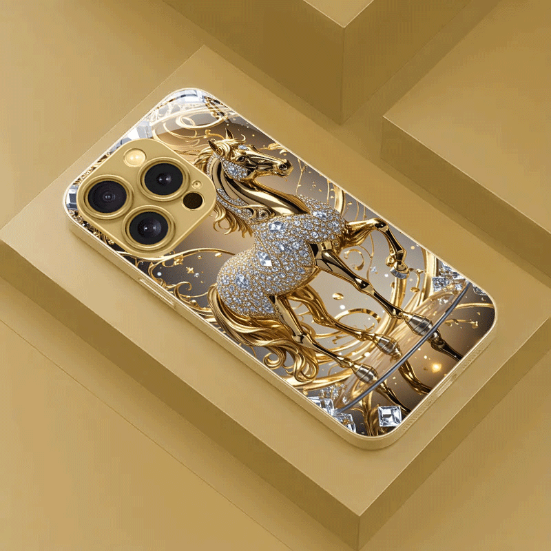 Coque de téléphone de luxe premium en verre avec motif cheval doré - Topdecheztop.fr