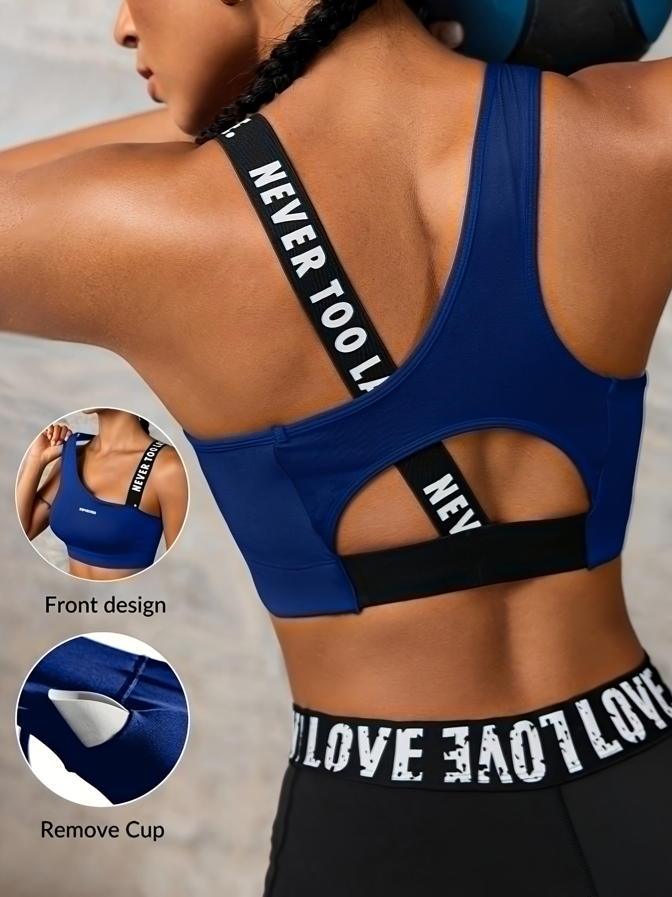 Women'S "NEVER TOO LATE" Graphic Asymmetrical Sports Bra - High Stretch, Hollow Back Design, Strapless Option, Perfect for Outdoor Activities, Workout Bra|Asymmetrical Neckline|Strapless Suppor - Topdecheztop.fr