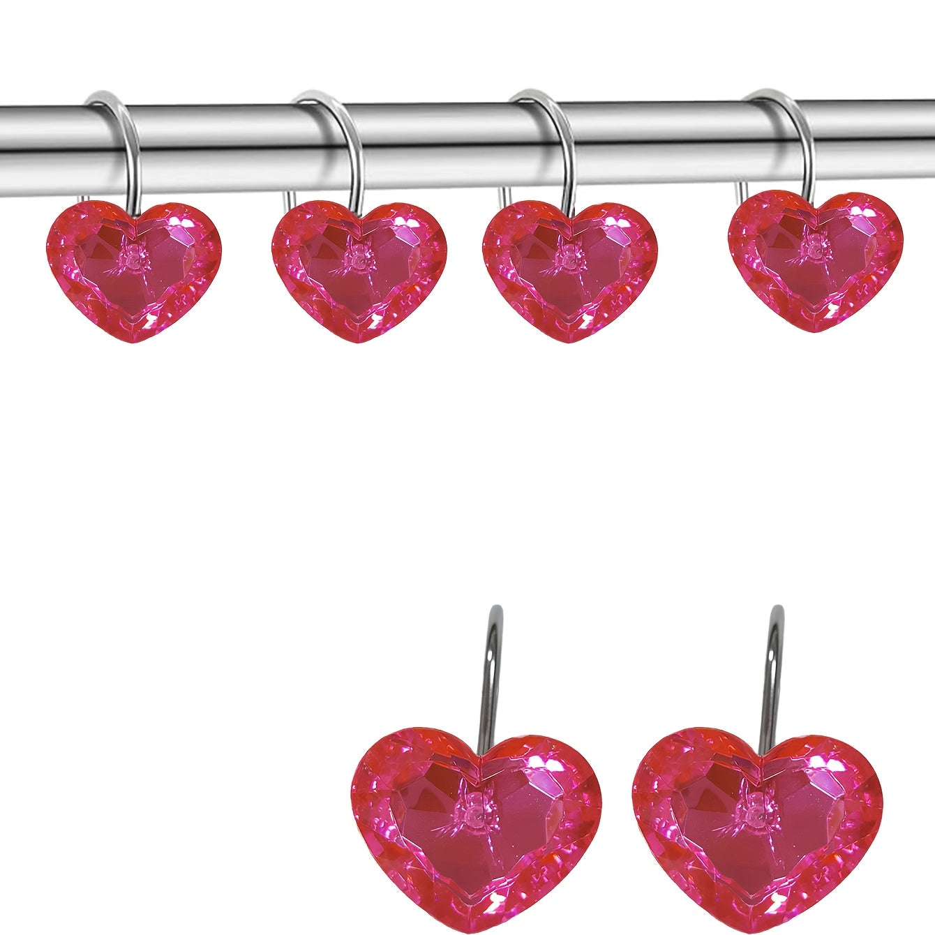 Lot de 12 crochets de rideau de douche en forme de cœur en cristal