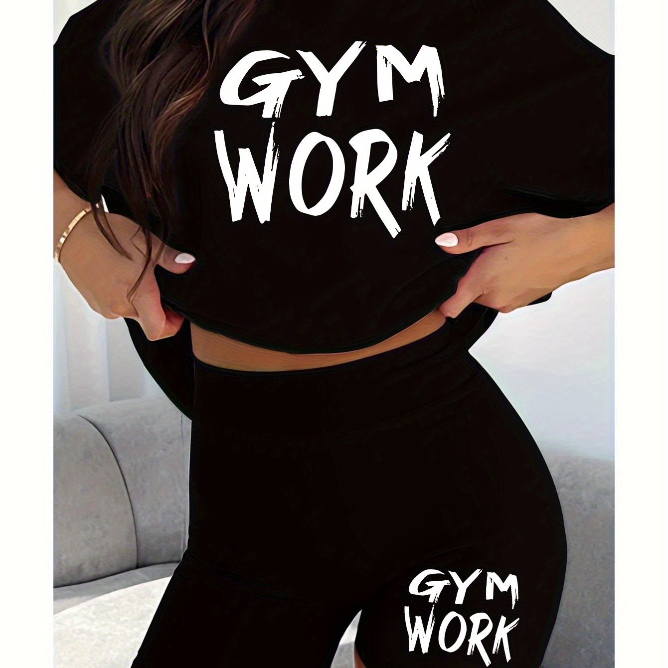 2pcs Women'S Gym Workout Set with Bold "GYM WORK" Letter Print T-Shirt and Black Shorts, Casual Athletic Outfit for Running and Fitness, Comfortable Fabric, Ladies' - Topdecheztop.fr