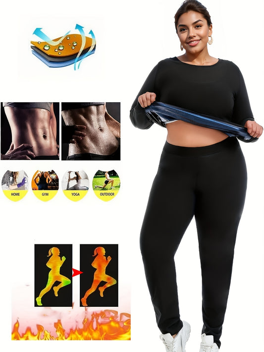 Set Of 2 Plus-size Women's Sportswear, Sauna Yoga Set, With Internal Sweat-absorbing Coating, Moisture-wicking, Yoga And Fitness Clothing, Plus-size Long-sleeved Top And Sauna Pants - Topdecheztop.fr