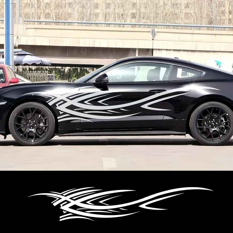2pcs Sports Car Vinyl Stickers - Black & White Aggressive Design, Self-Adhesive Side Skirts for Cars, Trucks, and Motorcycles, Glossy Finish, Single Use, Sports Car Accessories | Aggressive Design | Glossy Vinyl