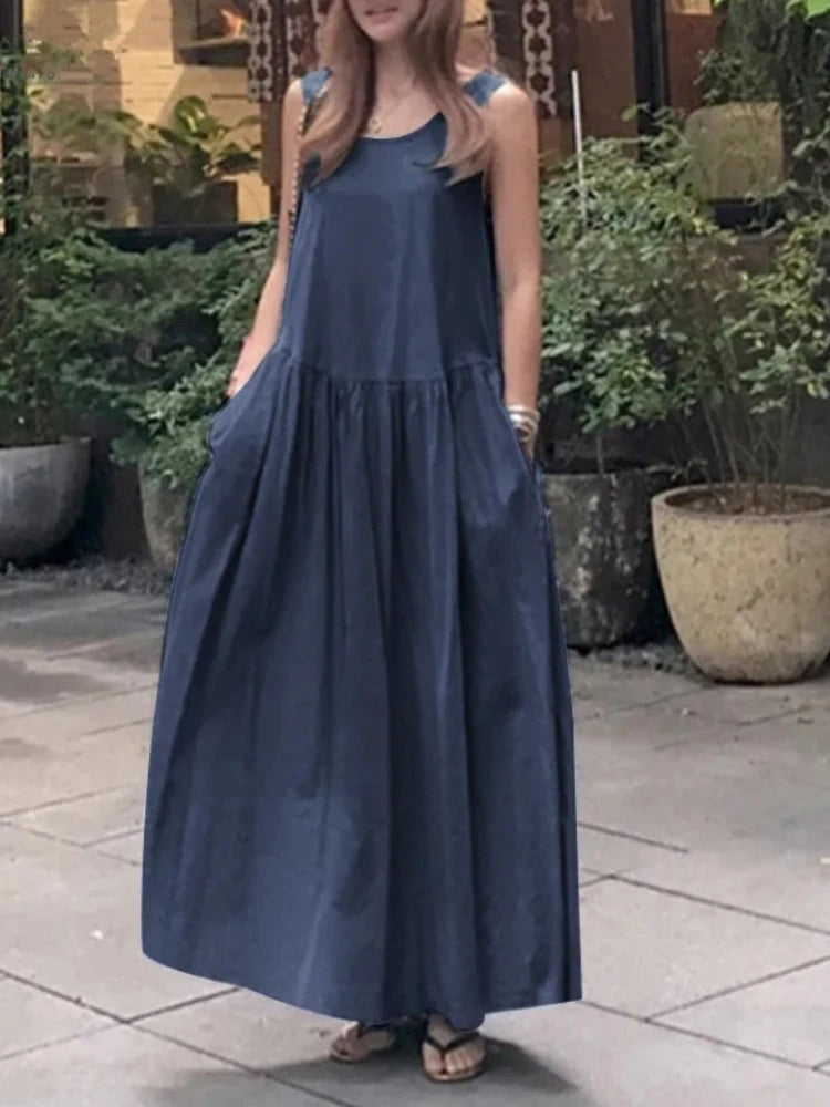 Robe longue ample à col rond et sans manches, grande taille, couleur unie