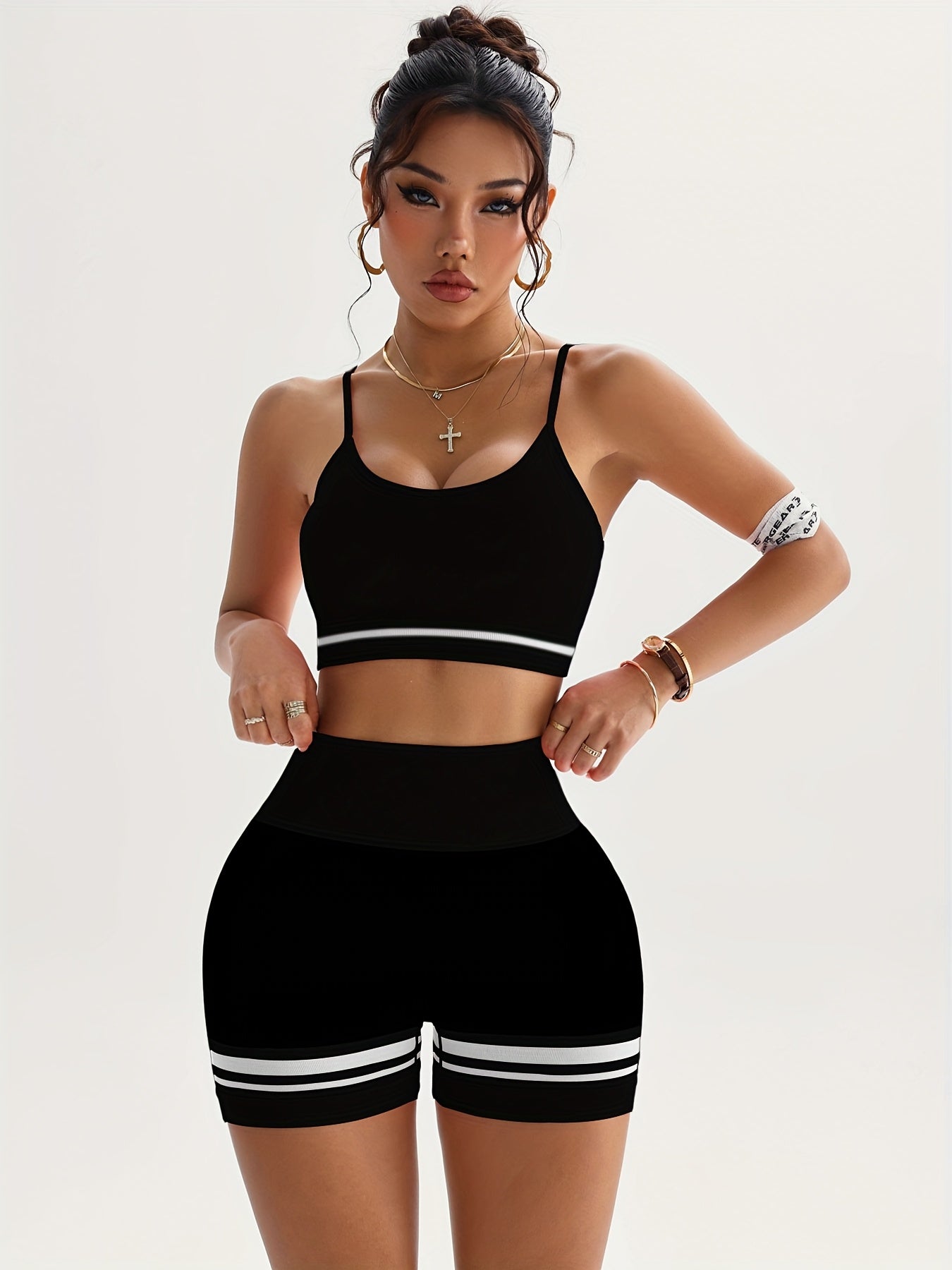 2pcs Women'S Sportswear Set - Adjustable Strap & Supportive Bra Top & High-Waist V-Neck Jeggingsuit with Striped Leggings, Stretchy Fabric, Perfect for Cycling, Yoga, and Indoor Workouts, Gym Clothe - Topdecheztop.fr
