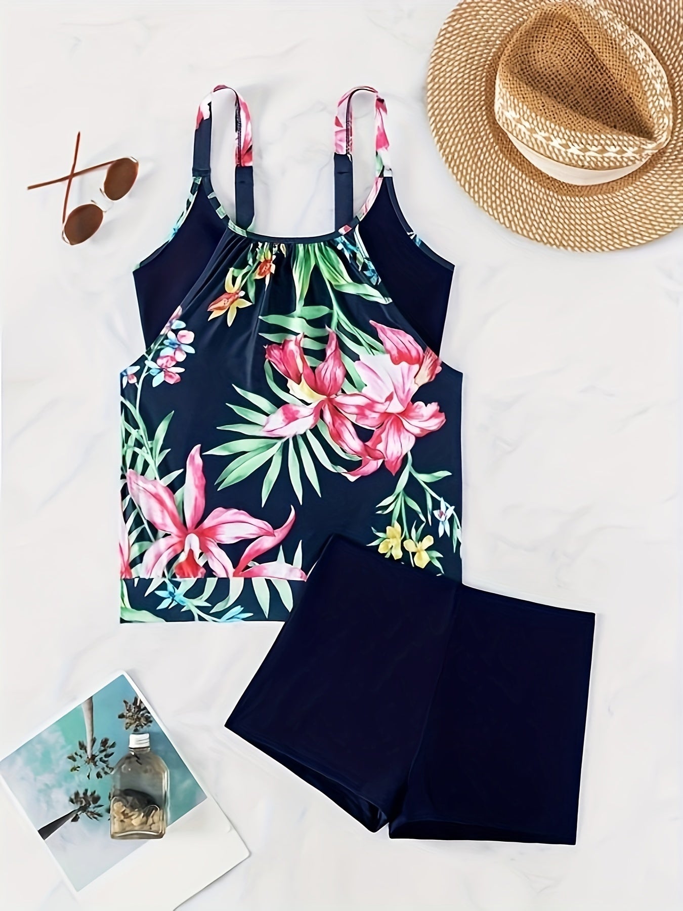 Ensemble 2 pièces haut et short à imprimé floral, col rond, tankini