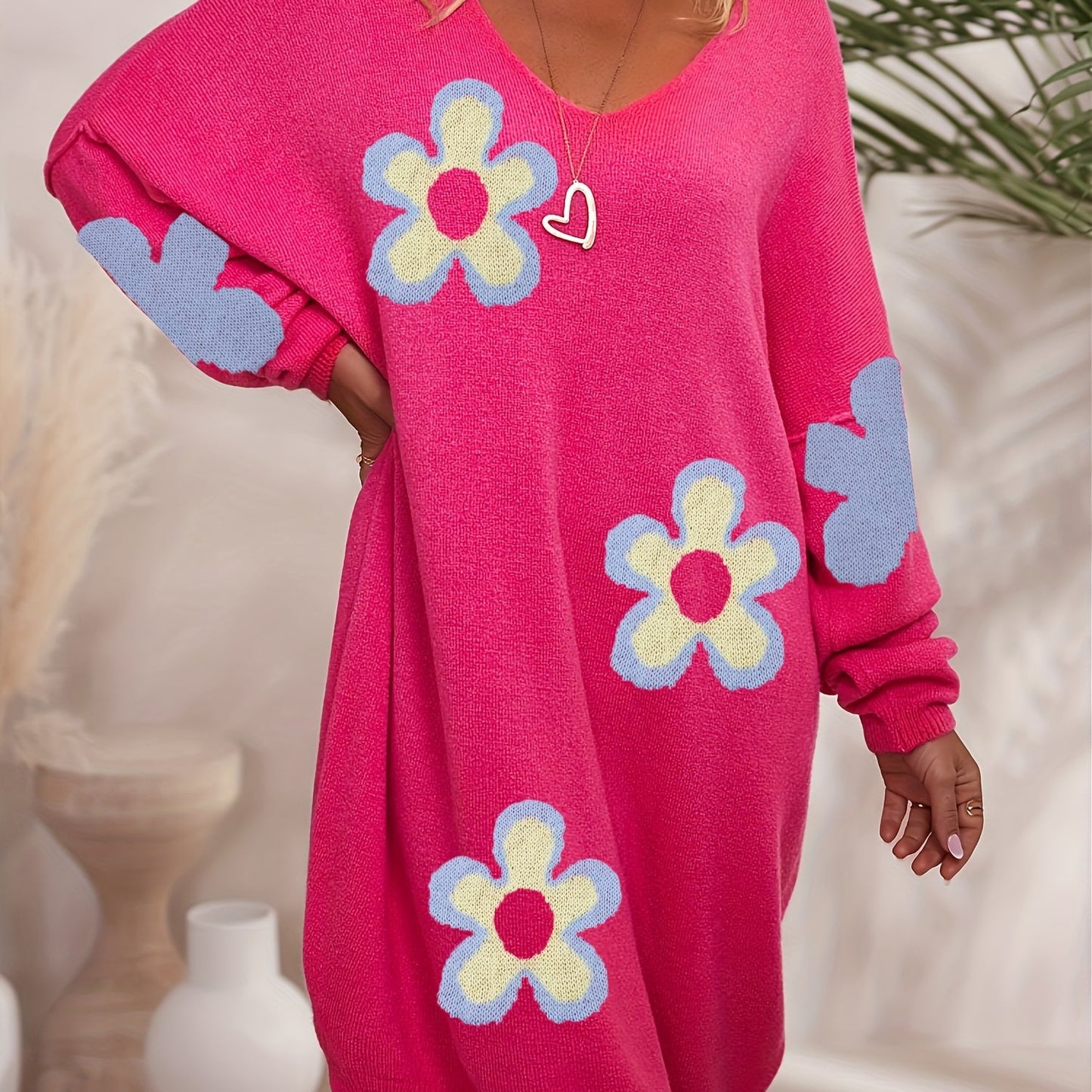 Robe en maille à motifs floraux grande taille, robe décontractée