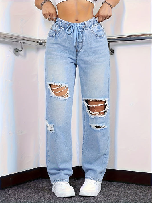 Jean en denim stretch taille haute pour femme avec cordon de serrage