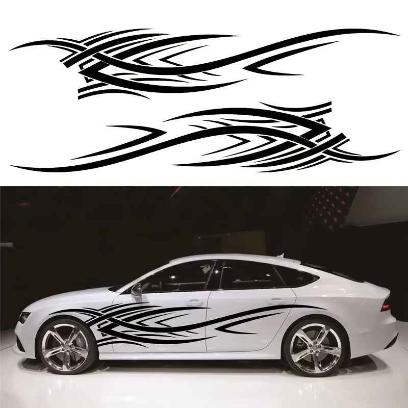 2pcs Sports Car Vinyl Stickers - Black & White Aggressive Design, Self-Adhesive Side Skirts for Cars, Trucks, and Motorcycles, Glossy Finish, Single Use, Sports Car Accessories | Aggressive Design | Glossy Vinyl