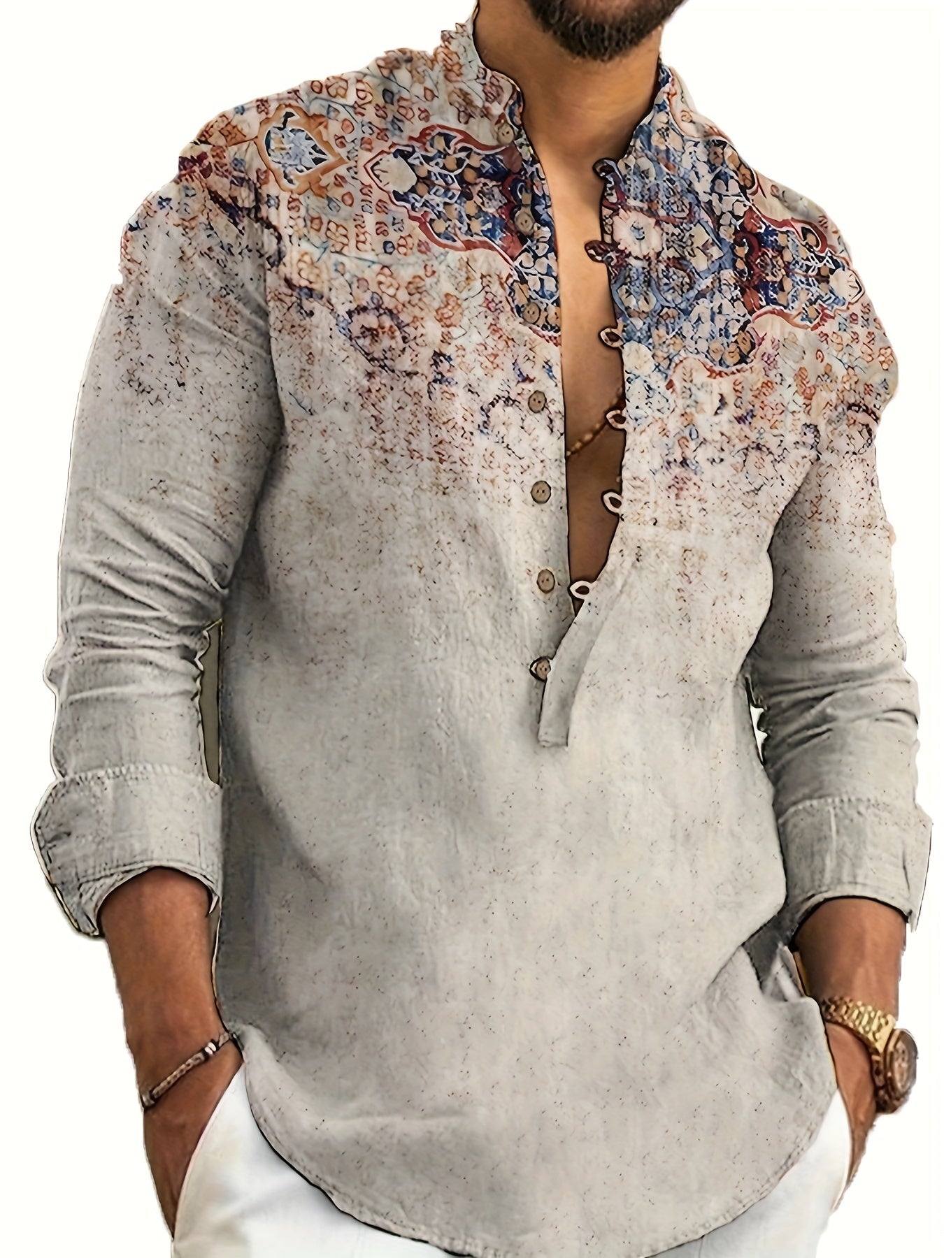Chemise Henley décontractée à manches longues et boutons pour homme