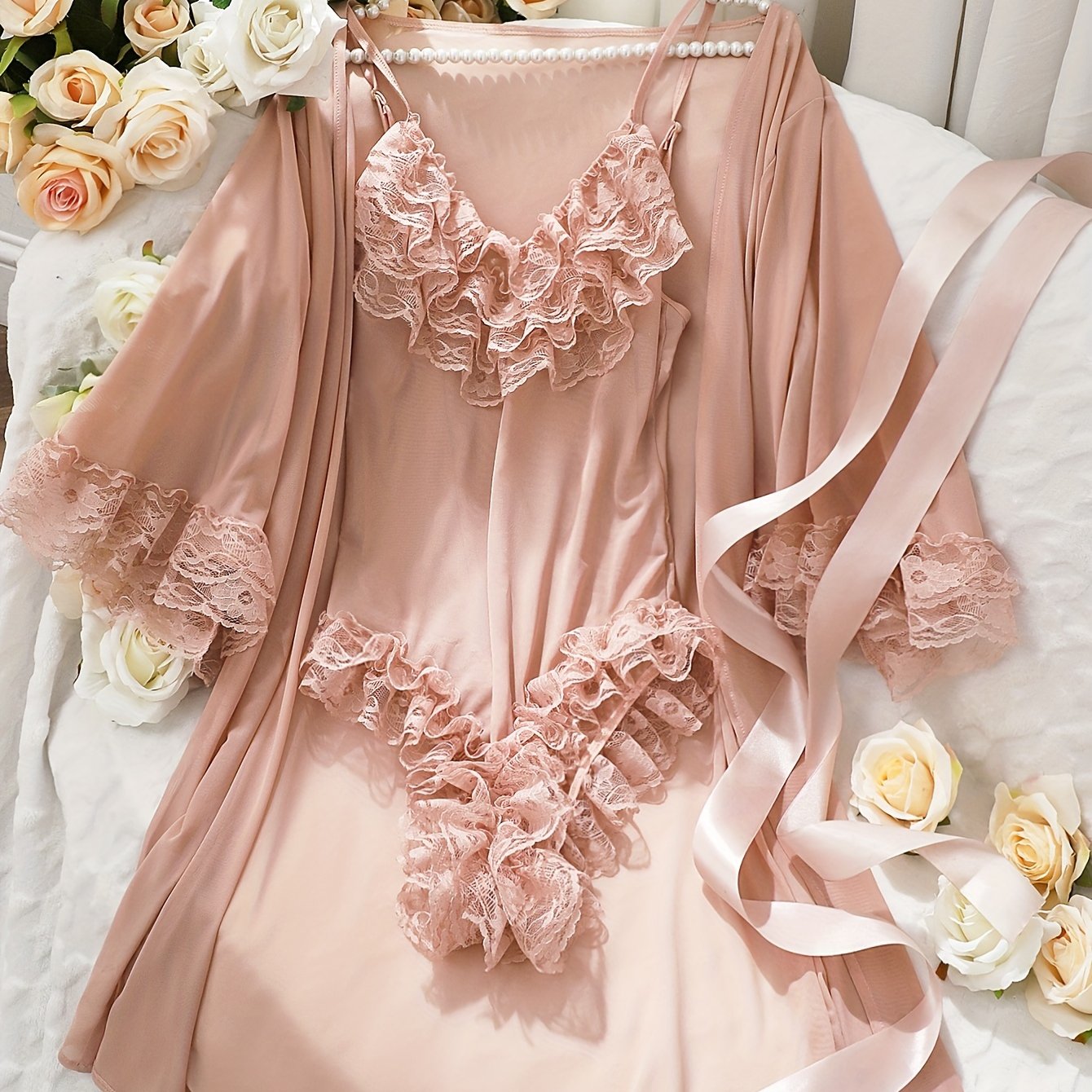 Ensemble de lingerie en dentelle contrastée unie, body et peignoir à col en V - Topdecheztop.fr