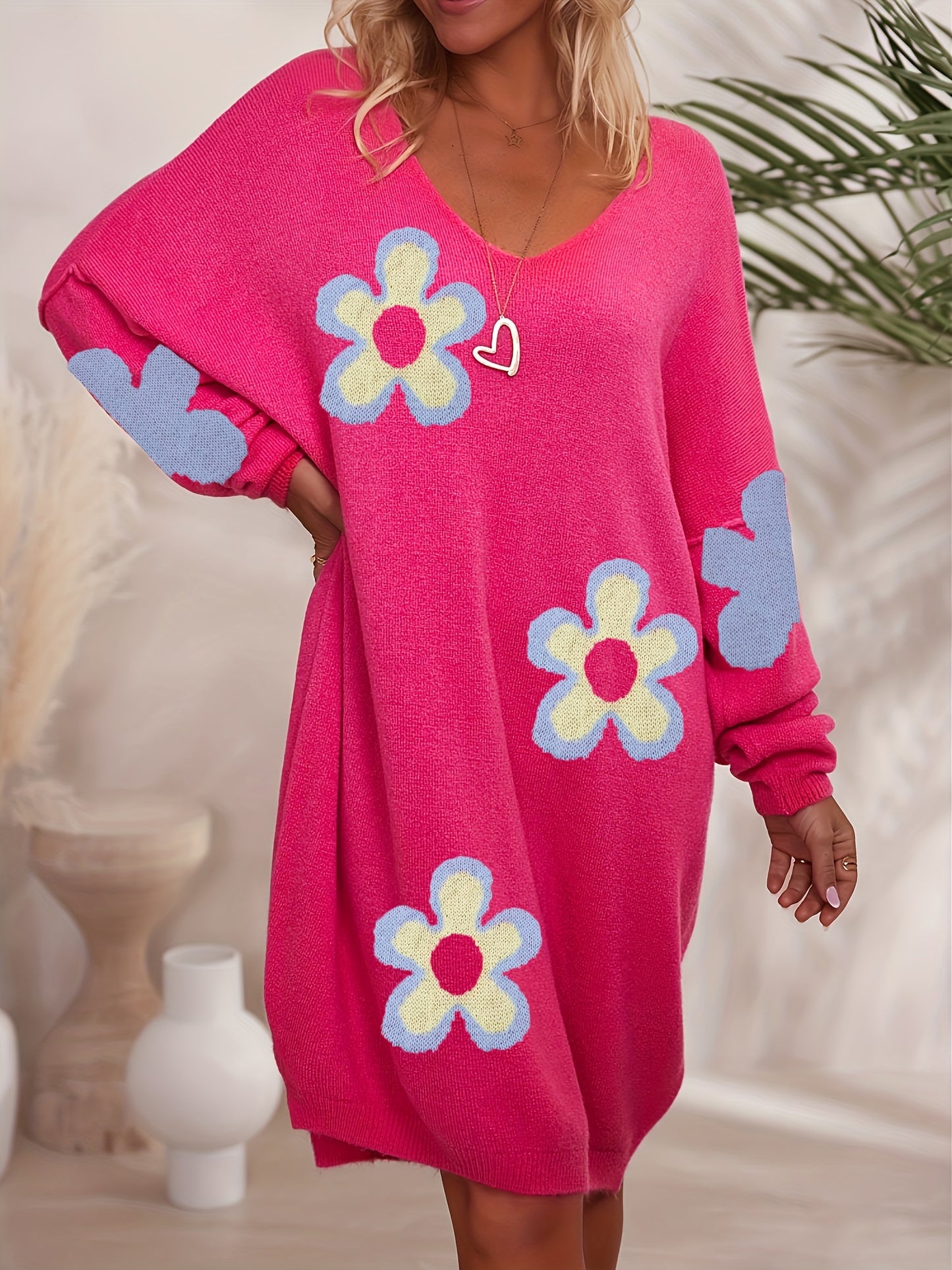 Robe en maille à motifs floraux grande taille, robe décontractée