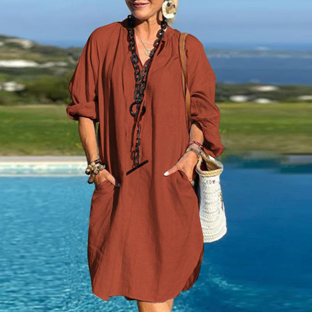 Robe en lin à manches longues et col en V pour femme, couleur unie - Topdecheztop.fr