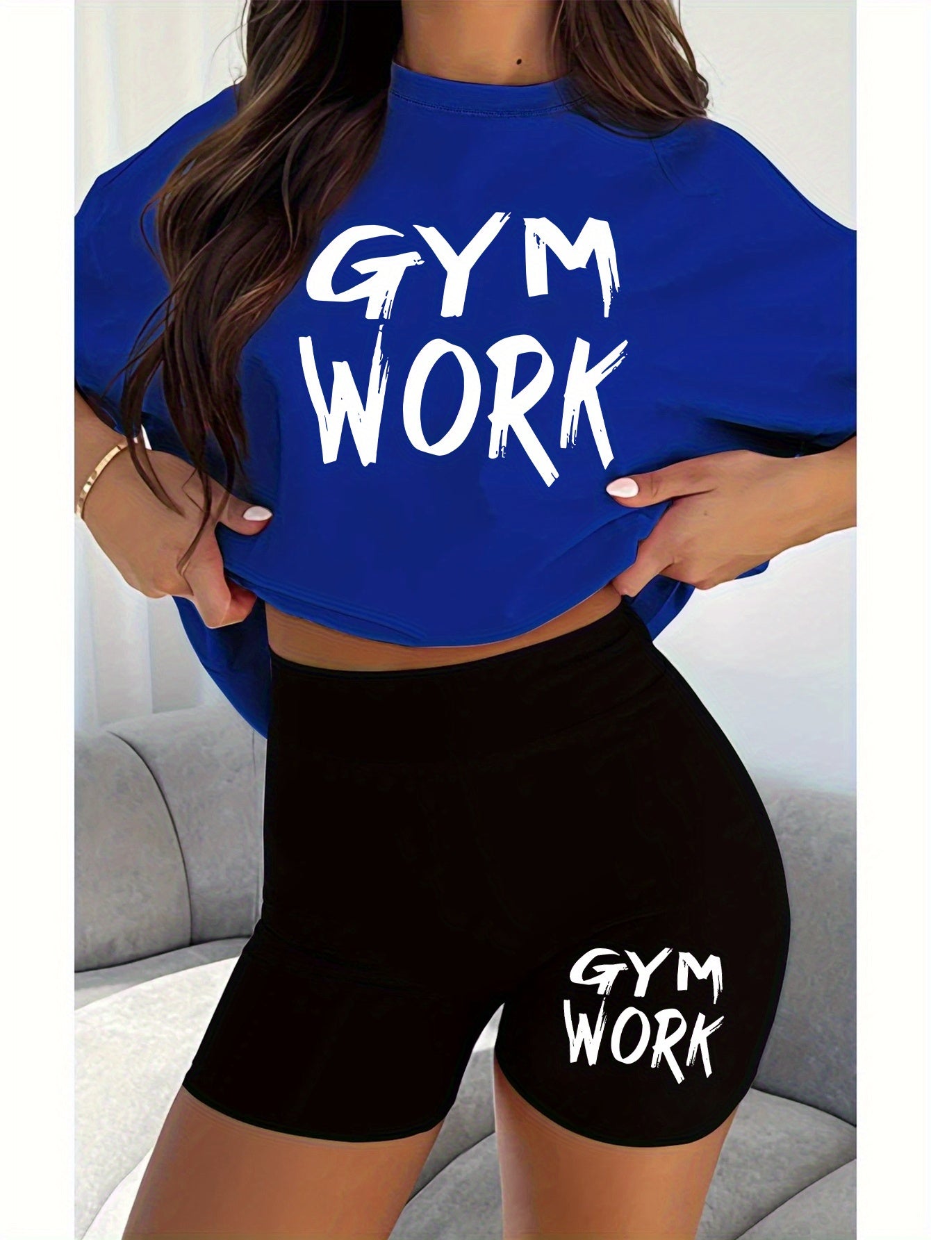 2pcs Women'S Gym Workout Set with Bold "GYM WORK" Letter Print T-Shirt and Black Shorts, Casual Athletic Outfit for Running and Fitness, Comfortable Fabric, Ladies' - Topdecheztop.fr