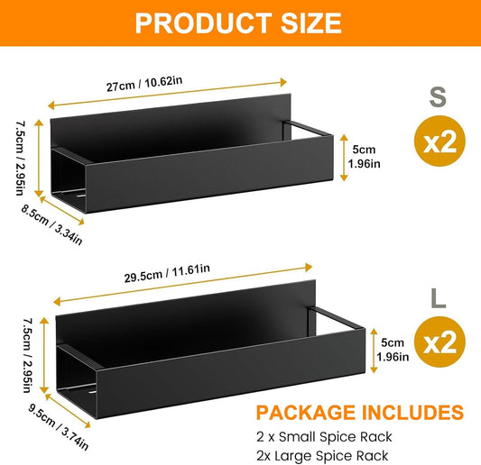 Étagère Réfrigérateur Magnétique, Lot de 4 Étagère à Épices, Sans Perçage, Organisateur à Épices pour Cuisine, Compatible Micro-Ondes, Noir