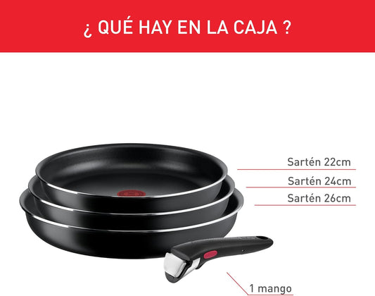 Tefal Ingenio Easy On Lot de 3 poêles de 22/24/26 cm, antiadhésifs, revêtement titane, thermosignal, poignée amovible, passe au lave-vaisselle et au four, ne convient pas à induction.