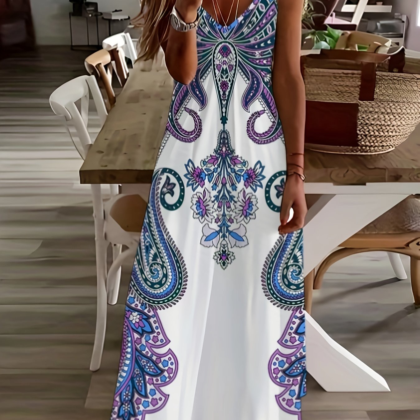 Robe camisole imprimé floral et col en V, robe décontractée sans manches