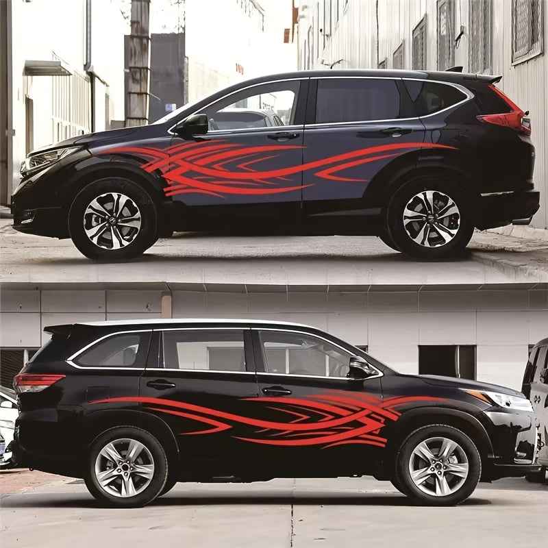 2pcs Sports Car Vinyl Stickers - Black & White Aggressive Design, Self-Adhesive Side Skirts for Cars, Trucks, and Motorcycles, Glossy Finish, Single Use, Sports Car Accessories | Aggressive Design | Glossy Vinyl