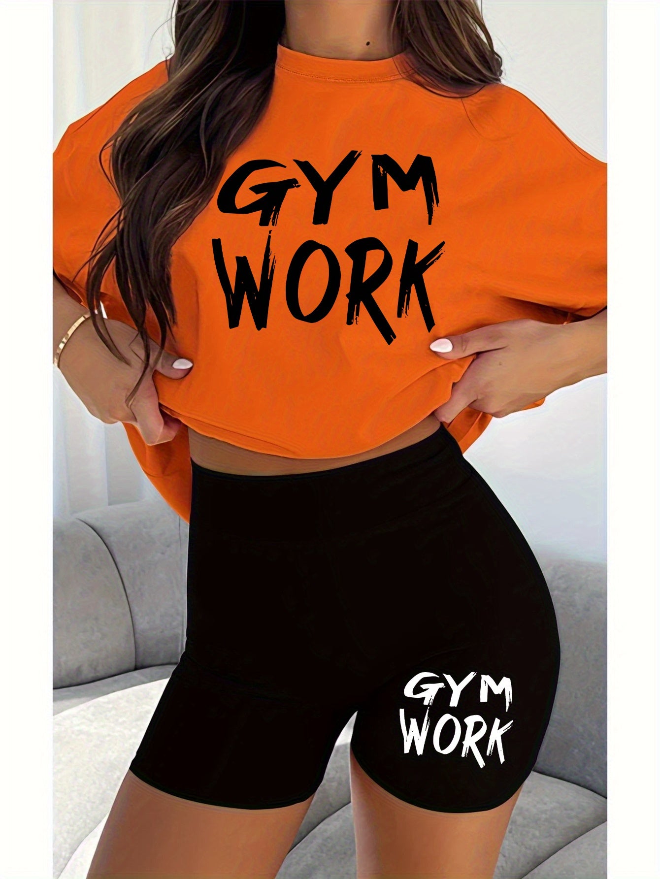 2pcs Women'S Gym Workout Set with Bold "GYM WORK" Letter Print T-Shirt and Black Shorts, Casual Athletic Outfit for Running and Fitness, Comfortable Fabric, Ladies' - Topdecheztop.fr