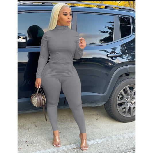 Costume deux pièces décontracté à col roulé de couleur unie - Topdecheztop.fr