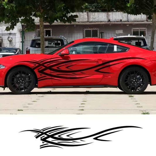 2pcs Sports Car Vinyl Stickers - Black & White Aggressive Design, Self-Adhesive Side Skirts for Cars, Trucks, and Motorcycles, Glossy Finish, Single Use, Sports Car Accessories | Aggressive Design | Glossy Vinyl