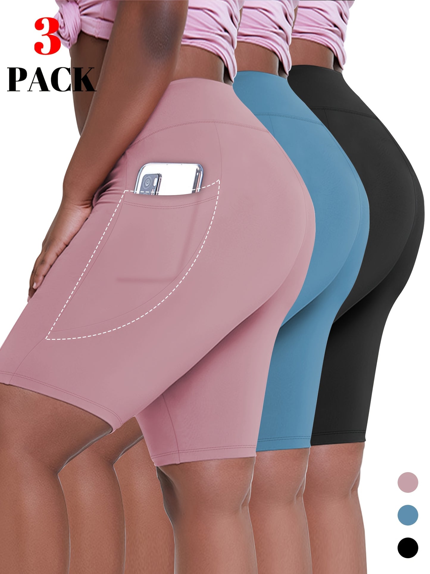 Lot de 3 bermudas taille haute avec poches en forme de lune, grande taille - Topdecheztop.fr