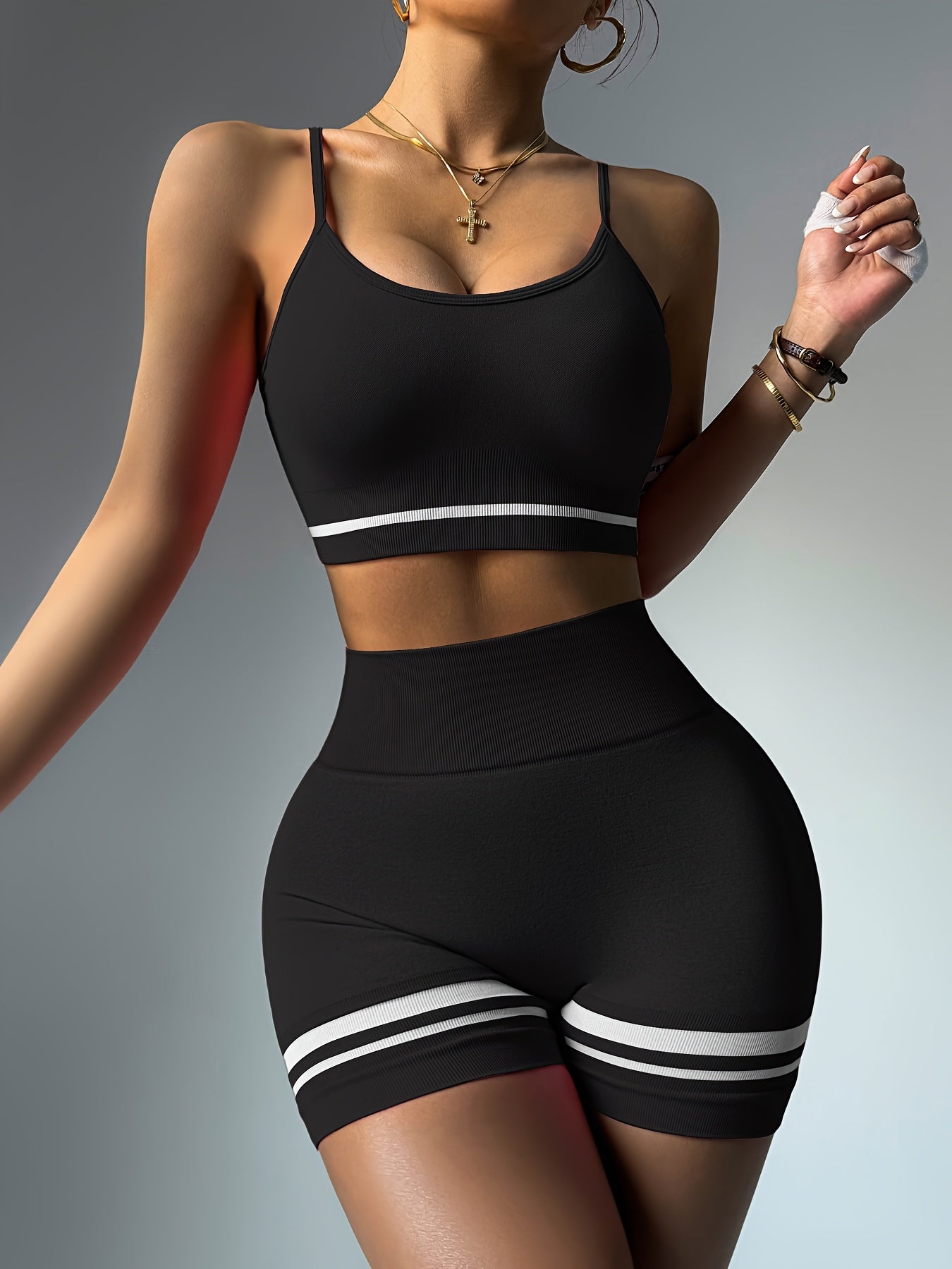 2pcs Women'S Sportswear Set - Adjustable Strap & Supportive Bra Top & High-Waist V-Neck Jeggingsuit with Striped Leggings, Stretchy Fabric, Perfect for Cycling, Yoga, and Indoor Workouts, Gym Clothe - Topdecheztop.fr