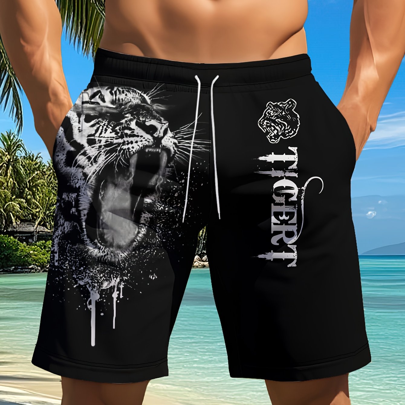 Short de plage d'été pour homme, imprimé animal, motif tigre féroce