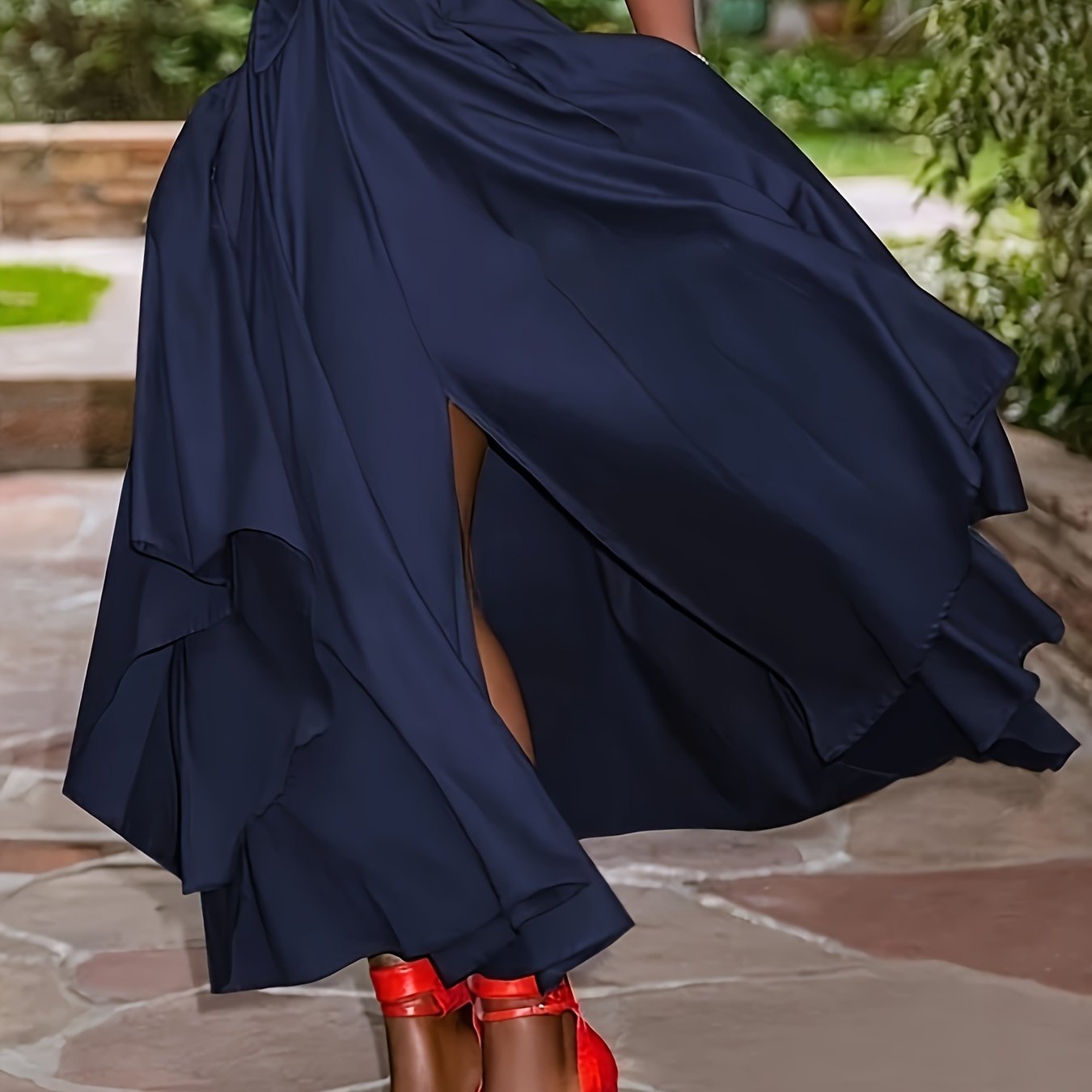Plus Size Elegant Solid Color Maxi Skirt with Asymmetrical Hem and Belt - Casual Long Skirt with Pockets, Non-Stretch Polyester, Machine Washable - Navy Blue, Perfect for Spring/Summer/Fall, Plus Size Skirts - Topdecheztop.fr
