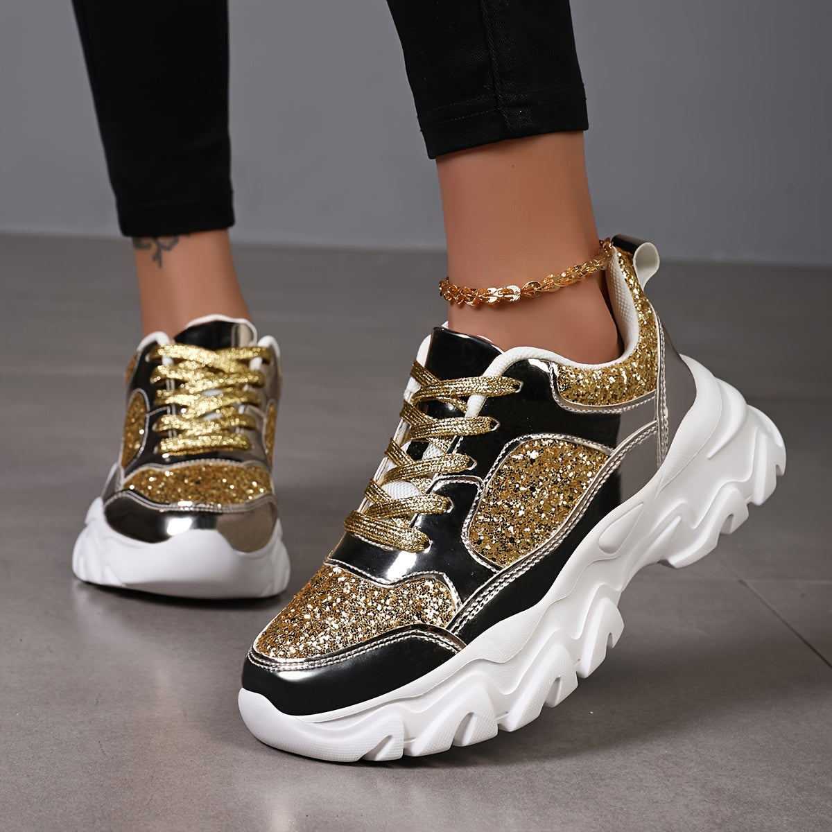 Women's Glittery Golden Dad Sneakers - Fashionable Lace-Up Platform Shoes with Reflective Thick Sole for Height Boost, Versatile All-Season Footwear - Topdecheztop.fr