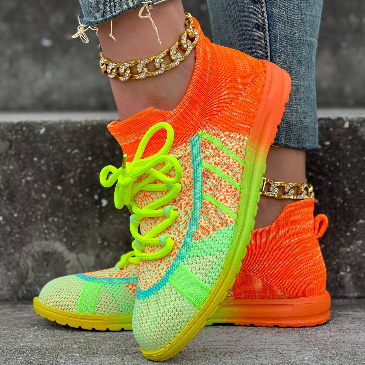 Women's Colorful Lace-up Sneakers, Comfortable Knitted Platform Soft Sole Walking Shoes, Breathable Running Shoes For Casual Sports Style - Topdecheztop.fr
