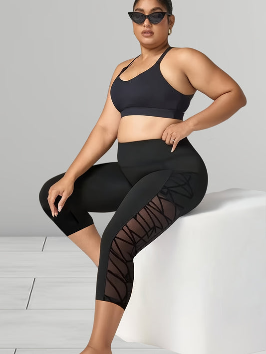 1pc Women'S Plus Size High-Waisted Yoga Pants with Mesh Panels - Stretchy, Side Pockets, and Slim Fit for Running, Cycling, and Workouts - Black, Workout Leggings | Highwaisted Leggings | Stretchy Fabric - Topdecheztop.fr