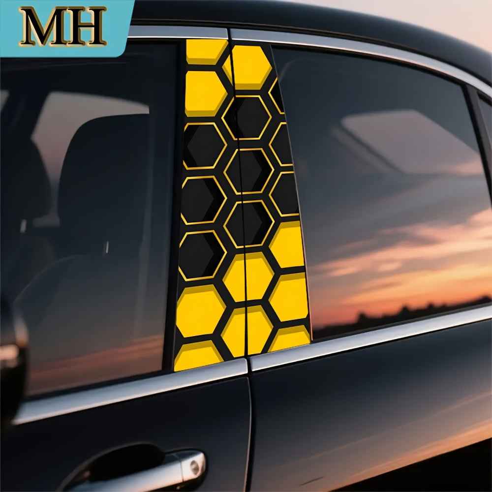 2pcs high quality car stickers, cool yellow honeycomb pattern door pillar stickers, self-adhesive waterproof vinyl semi-matte B-pillar protective film for B-pillar exterior accessories