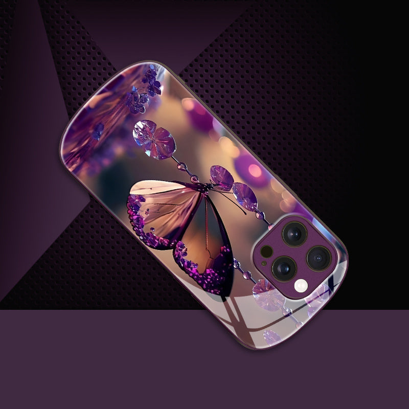Coque en verre trempé avec pendentif papillon en cristal violet pour iPhone - Topdecheztop.fr