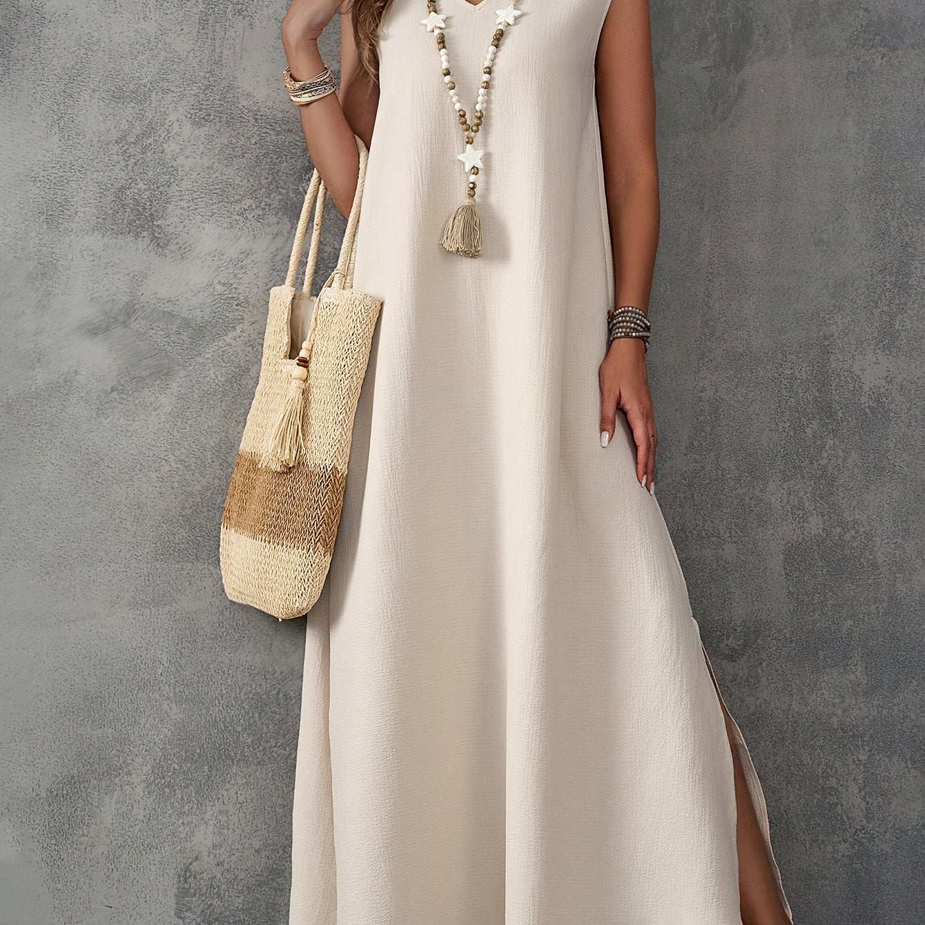 Robe fendue grande taille, couleur unie, décontractée, sans manches