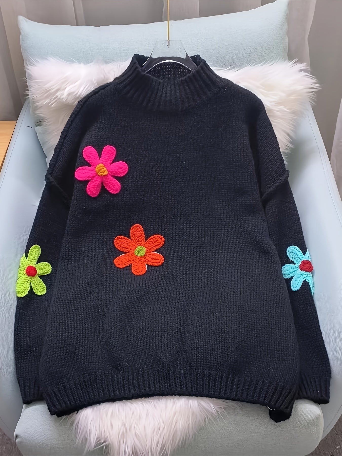 Pull en tricot à appliqués floraux grande taille