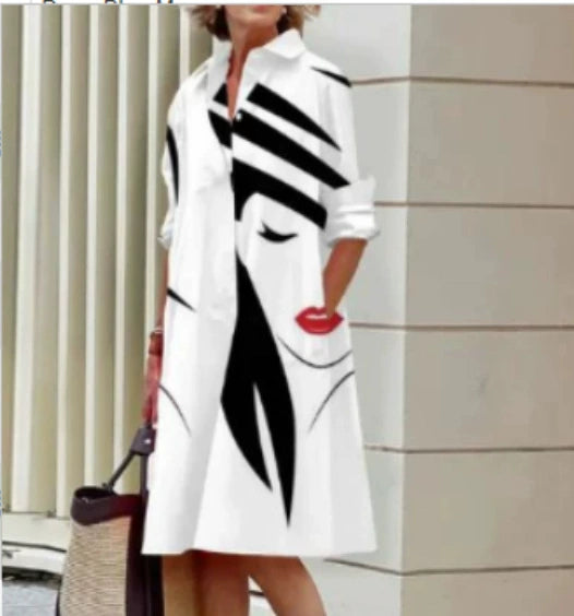 Chemise femme à manches longues, couleur unie, robe mi-longue simple