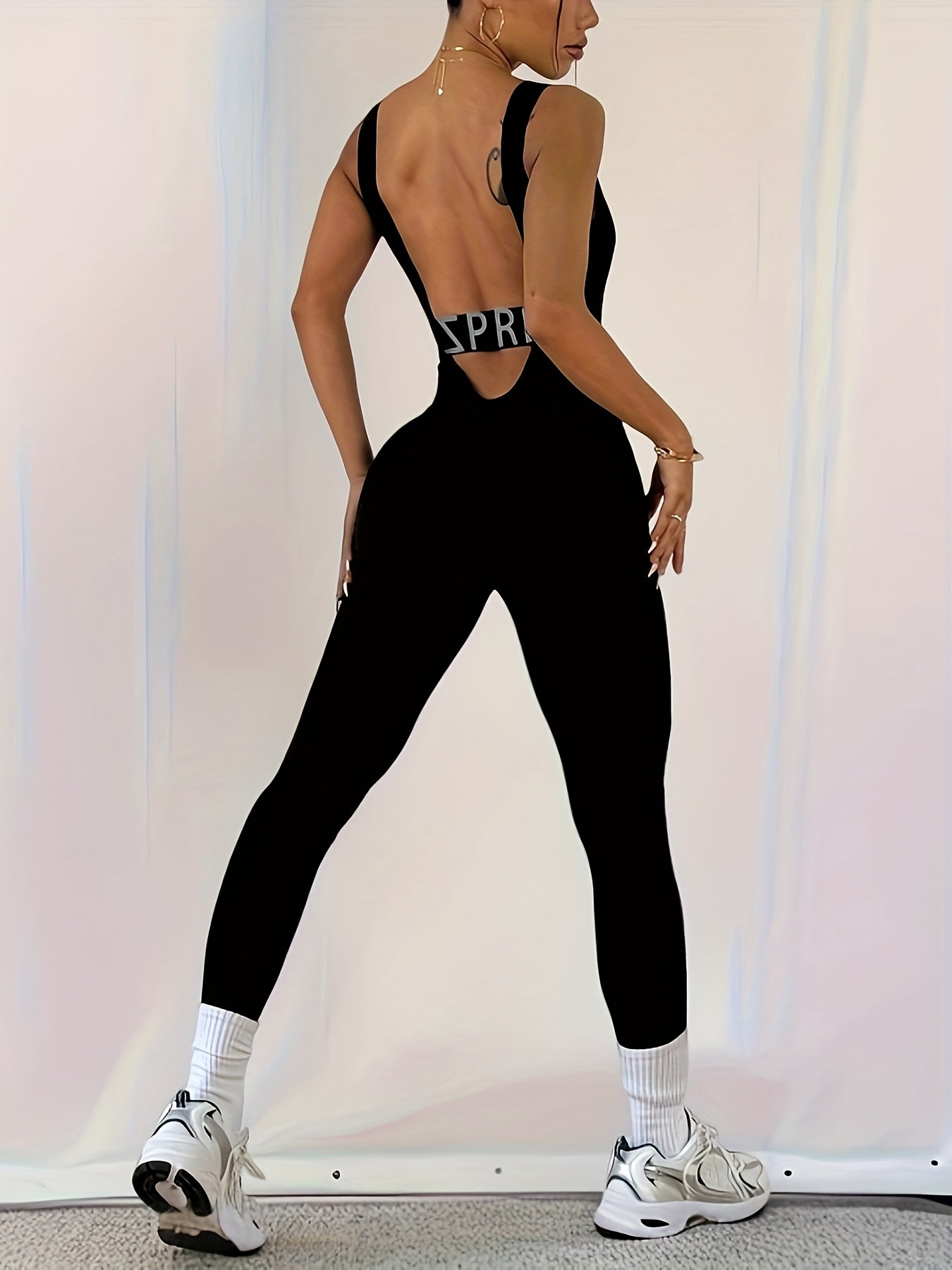 Women's High-Elasticity Backless Yoga Running Leggings - Solid Color Black Square Neck Workout Pants, Machine Washable Spring/Summer Fitness Apparel, Yoga Pants, Gym Apparel, Sleek Sporty Look, Highelasticity Fabric, Activewe - Topdecheztop.fr