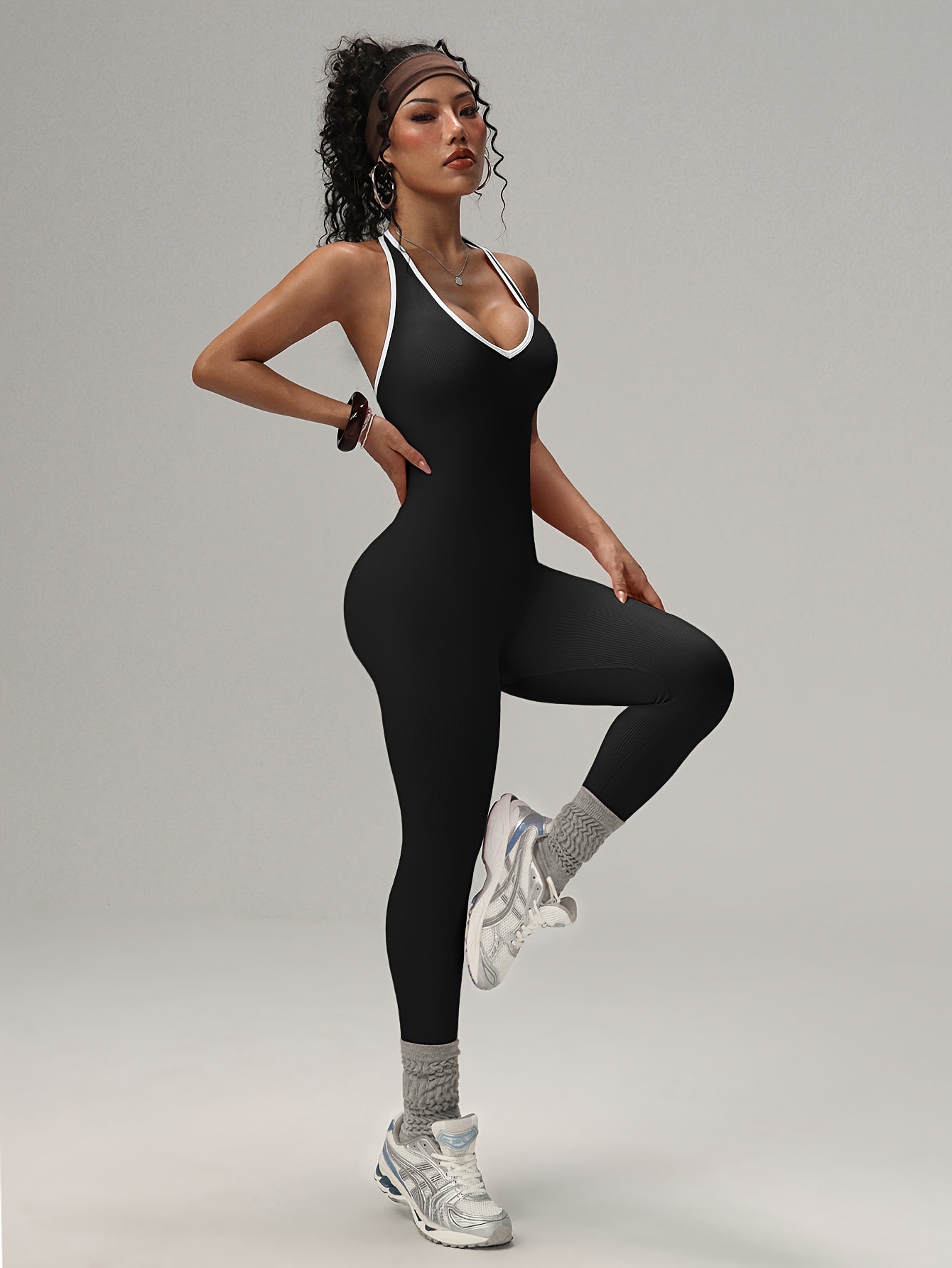 Women'S High-Waisted Yoga Bodysuit - Stretchy, Comfortable, and Sexy Backless Halter Neck Design in Vibrant Pink & Purple Ribbed Patterns, Perfect for Fitness and Exercise, Workout Clothing | Halter Neckline | Stretchy Fabric - Topdecheztop.fr