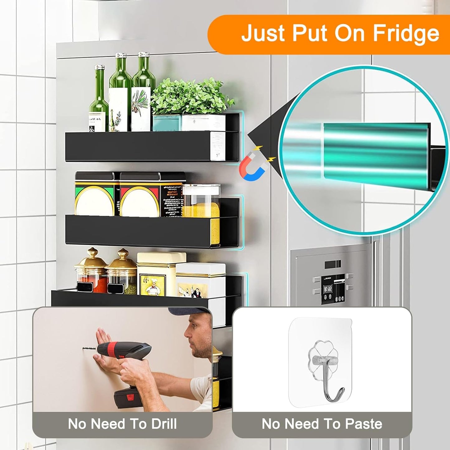 Étagère Réfrigérateur Magnétique, Lot de 4 Étagère à Épices, Sans Perçage, Organisateur à Épices pour Cuisine, Compatible Micro-Ondes, Noir