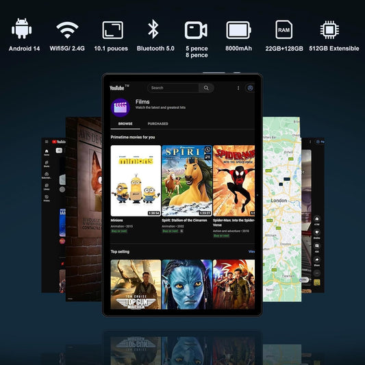Tablette Tactile 10 Pouces Android 14, 22Go RAM+128Go ROM(Extensible 1To)|5MP+8MP|5G Wi-FI|Certifié Widevine L1|Processeur Octa-Core|8000mAh|Clavier+Souris+Coque de Protection Inclus (Gris)