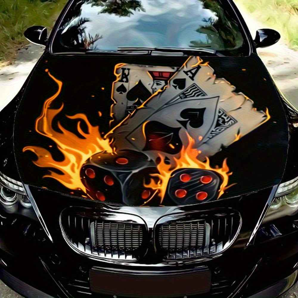 Flame Card Vinyl Stickers Car Engine Cover Wrap Colorful Vinyl Stickers Truck Pattern Engine Cover Car Accessories Decoration Dice Stickers Gift, Car Decal Stickers, Cool Car Accessories, Koi Car Side Stickers, Car Hood Stick