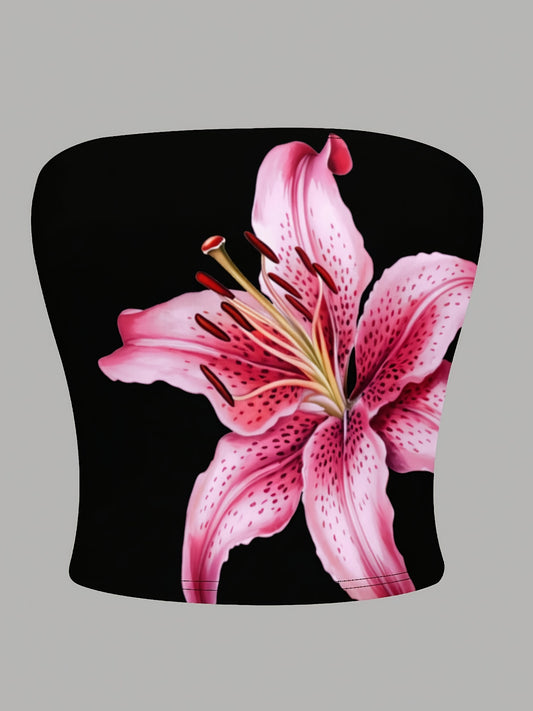 Top tube noir minimaliste à imprimé lys pour femme