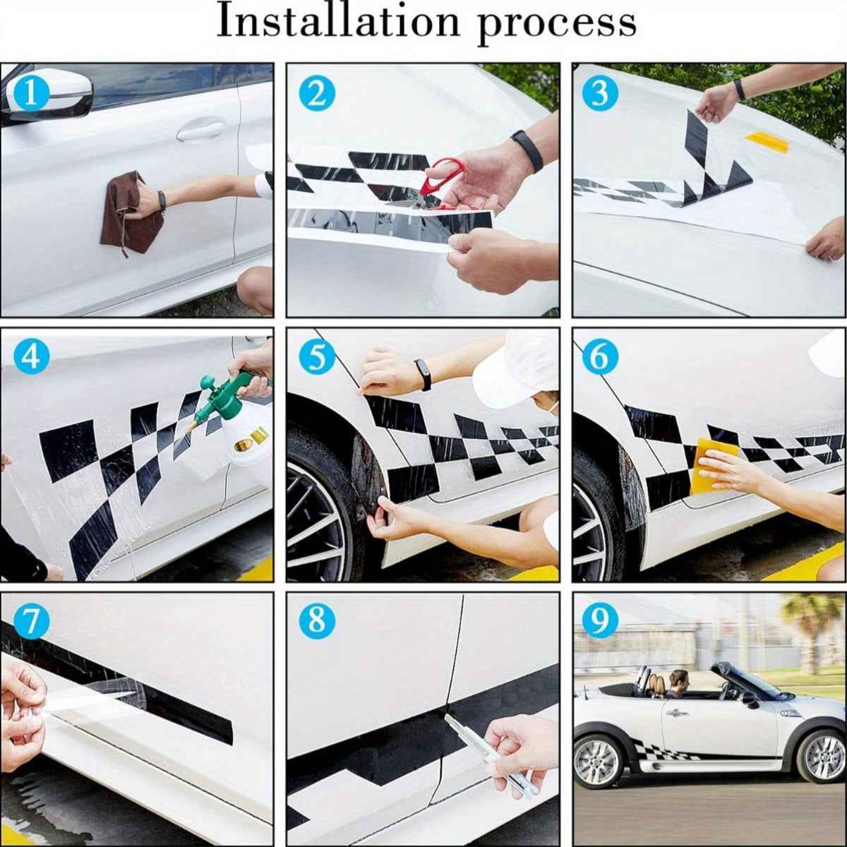 Pair of 196.09cm 'Racing Car Holographic Side Stripe Decals - Waterproof, Self-Adhesive Vinyl Stickers with Checkered Patterns for Vehicle Doors and Windows, Car