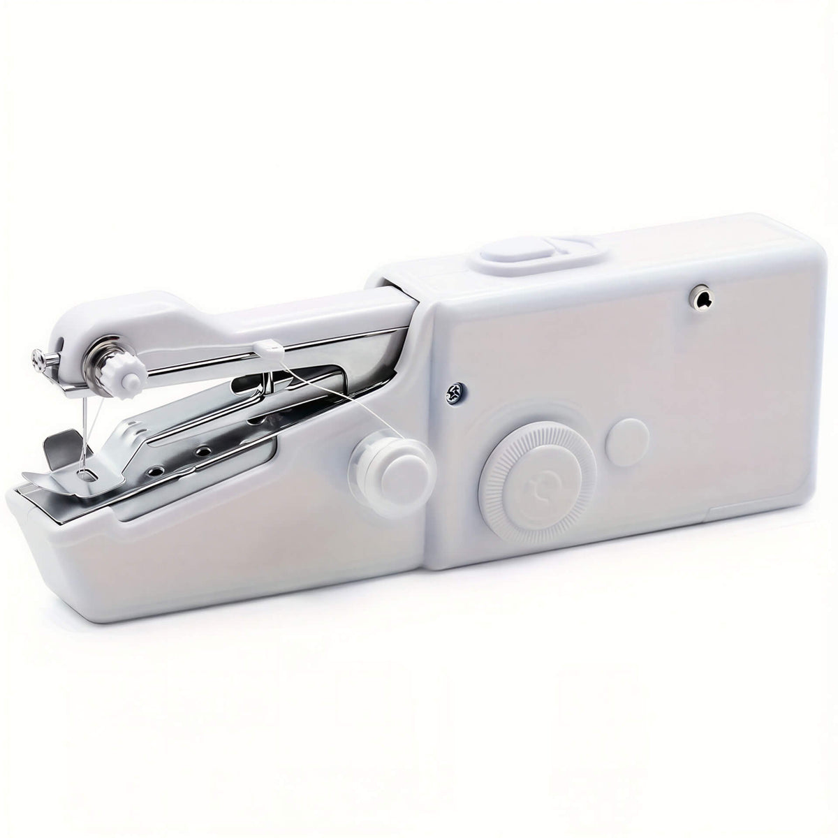 Portable and compact sewing machine in white, featuring a thread spool, tension dial, and a side view of the needle area.