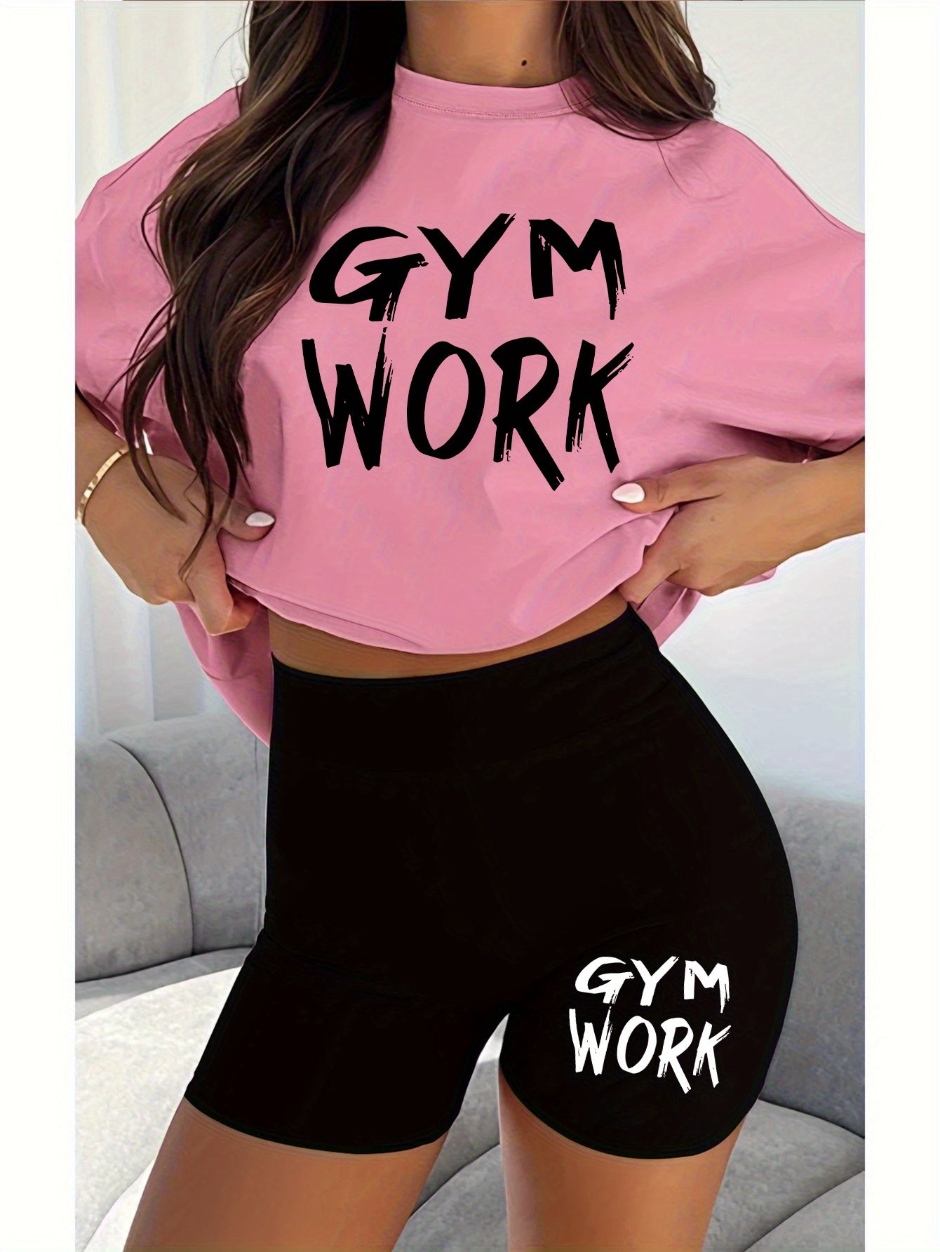 2pcs Women'S Gym Workout Set with Bold "GYM WORK" Letter Print T-Shirt and Black Shorts, Casual Athletic Outfit for Running and Fitness, Comfortable Fabric, Ladies' - Topdecheztop.fr